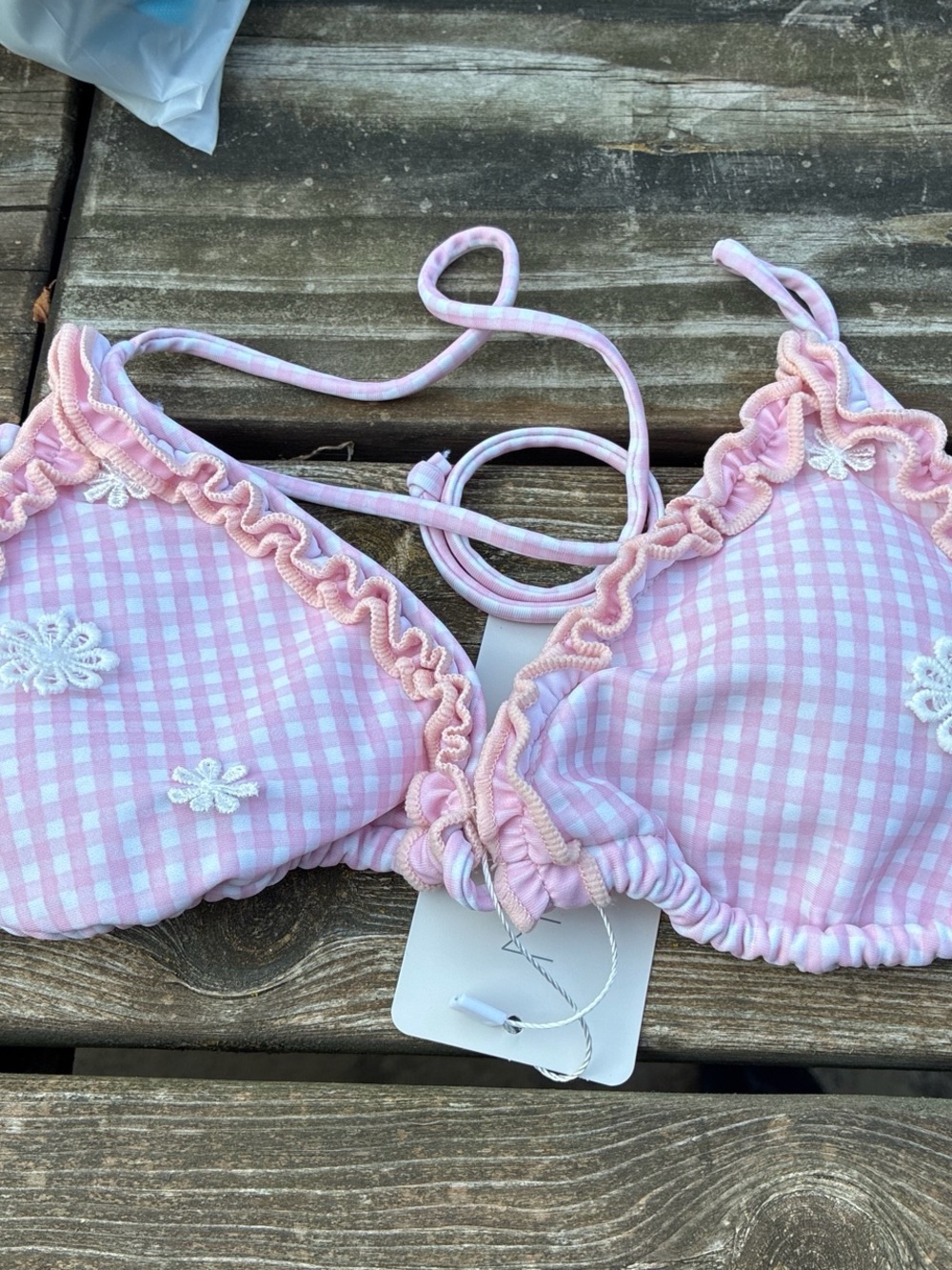 Pink Gingham Ruffle Tie Bikini Top